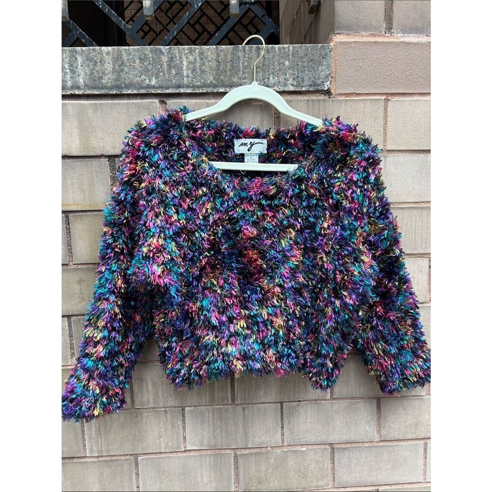 🎀Vintage🎀 1980s Colorful Shaggy Cropped Sweater Size Large - Picture 2 of 5